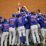 The Cubs celebrate after winning the 2016 World Series.