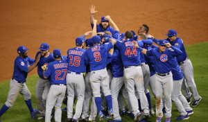 The Cubs celebrate after winning the 2016 World Series.